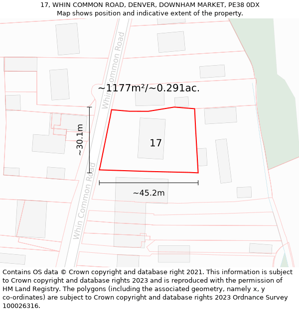 17, WHIN COMMON ROAD, DENVER, DOWNHAM MARKET, PE38 0DX: Plot and title map