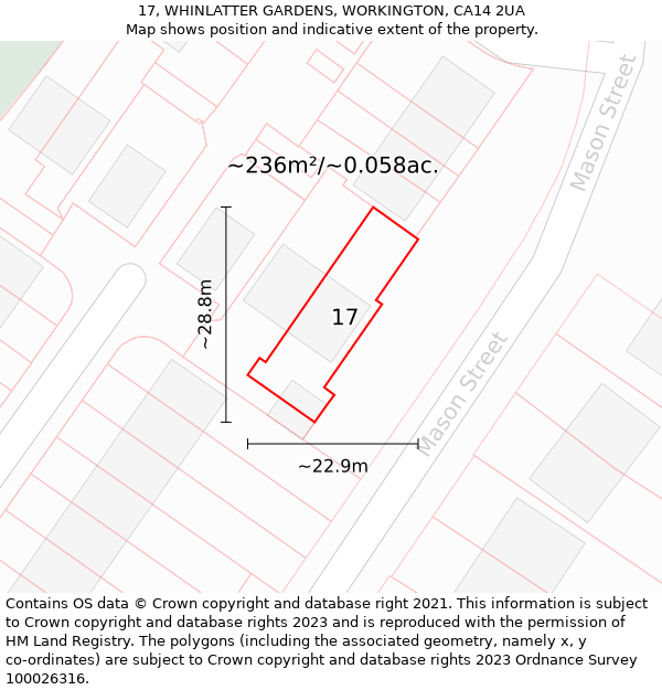 17, WHINLATTER GARDENS, WORKINGTON, CA14 2UA: Plot and title map