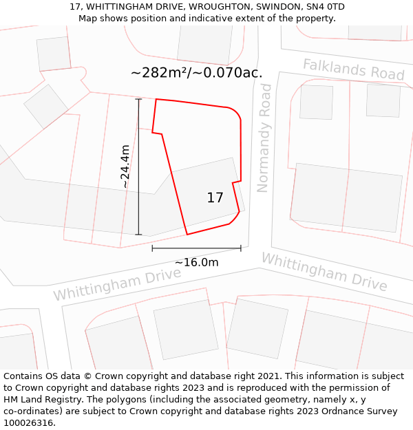 17, WHITTINGHAM DRIVE, WROUGHTON, SWINDON, SN4 0TD: Plot and title map