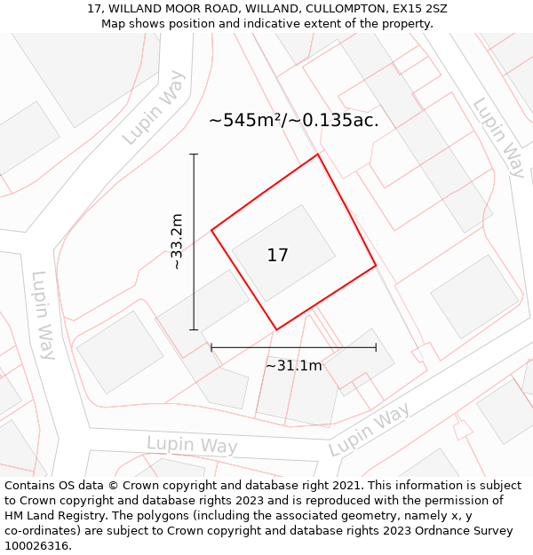 17, WILLAND MOOR ROAD, WILLAND, CULLOMPTON, EX15 2SZ: Plot and title map