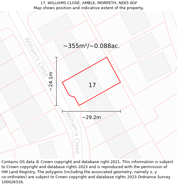 17, WILLIAMS CLOSE, AMBLE, MORPETH, NE65 0GF: Plot and title map