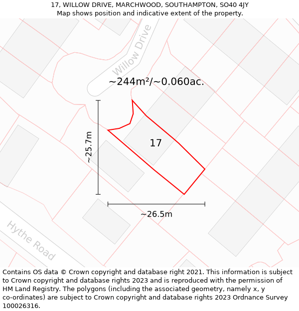 17, WILLOW DRIVE, MARCHWOOD, SOUTHAMPTON, SO40 4JY: Plot and title map