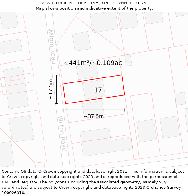 17, WILTON ROAD, HEACHAM, KING'S LYNN, PE31 7AD: Plot and title map