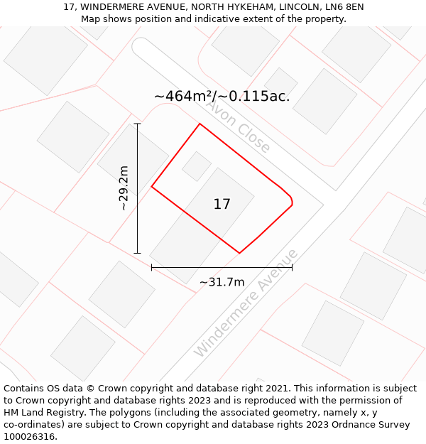 17, WINDERMERE AVENUE, NORTH HYKEHAM, LINCOLN, LN6 8EN: Plot and title map