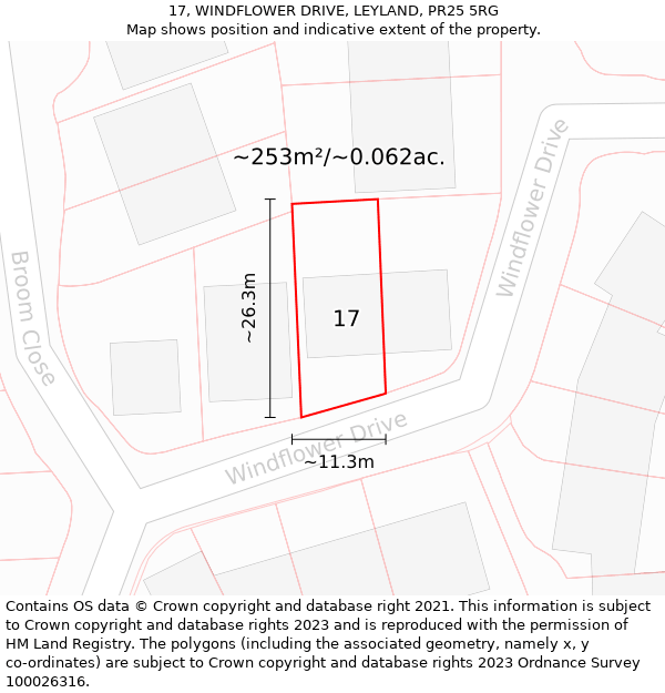 17, WINDFLOWER DRIVE, LEYLAND, PR25 5RG: Plot and title map