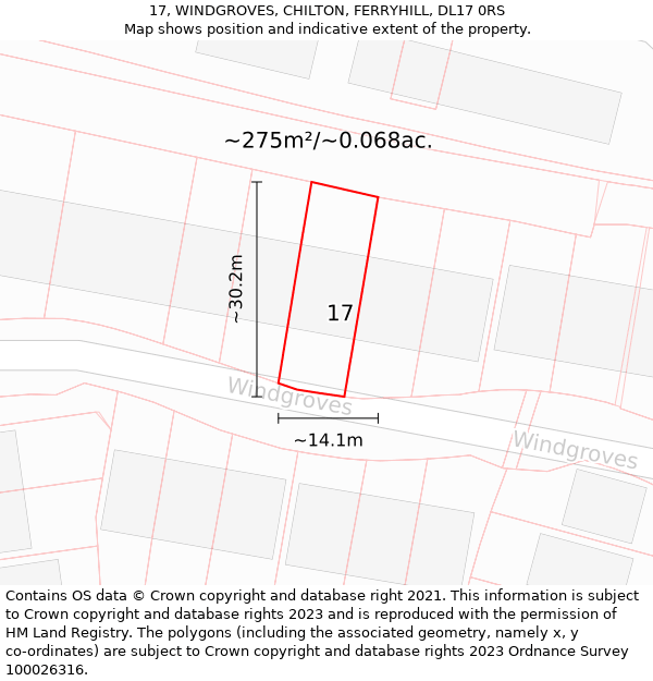 17, WINDGROVES, CHILTON, FERRYHILL, DL17 0RS: Plot and title map