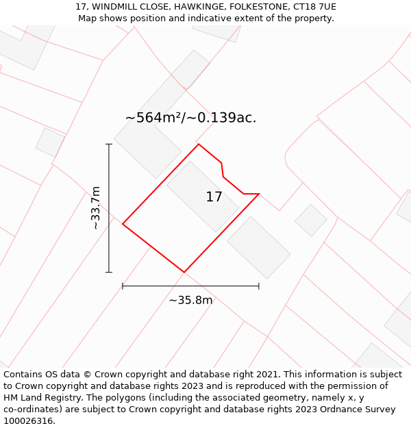 17, WINDMILL CLOSE, HAWKINGE, FOLKESTONE, CT18 7UE: Plot and title map