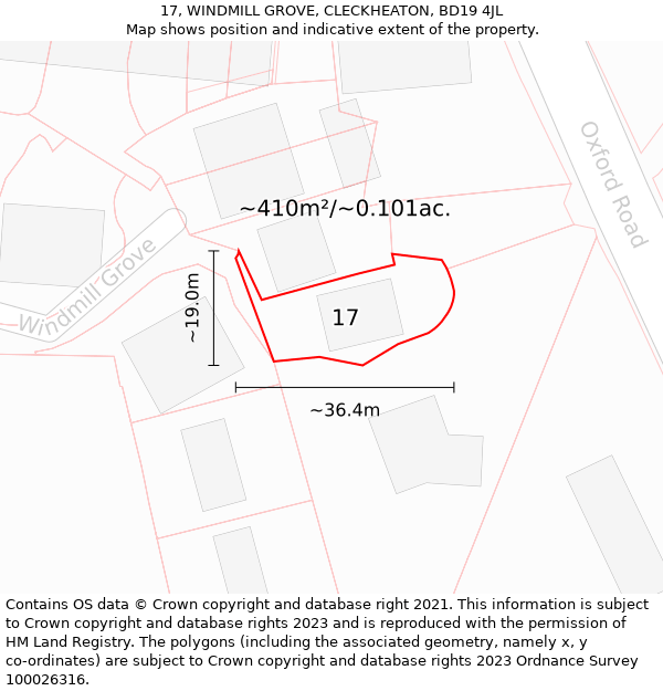 17, WINDMILL GROVE, CLECKHEATON, BD19 4JL: Plot and title map