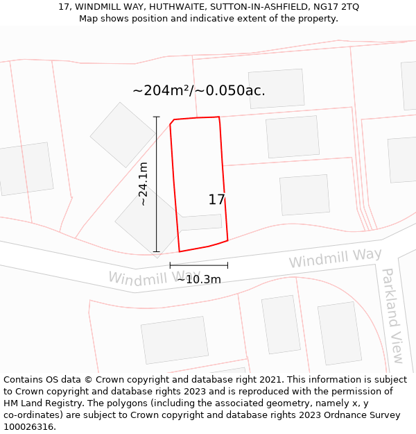 17, WINDMILL WAY, HUTHWAITE, SUTTON-IN-ASHFIELD, NG17 2TQ: Plot and title map