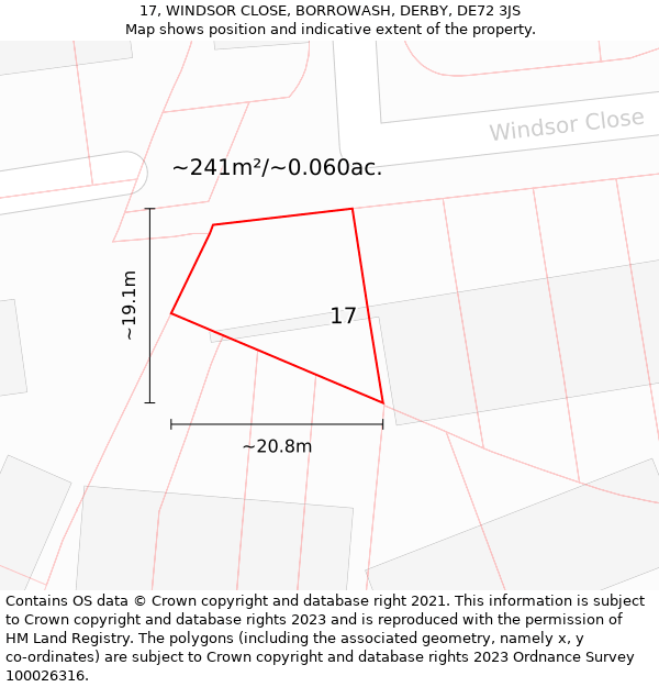 17, WINDSOR CLOSE, BORROWASH, DERBY, DE72 3JS: Plot and title map