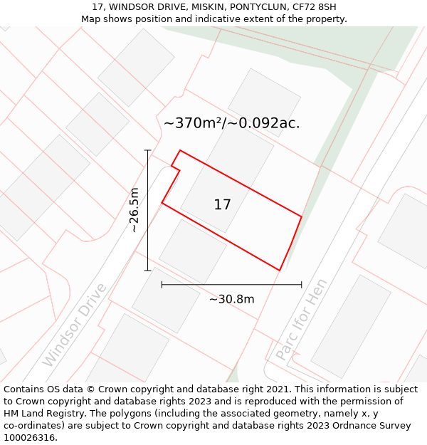 17, WINDSOR DRIVE, MISKIN, PONTYCLUN, CF72 8SH: Plot and title map