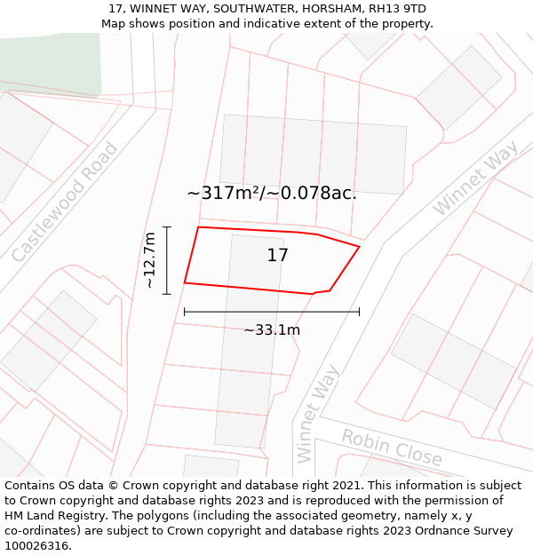 17, WINNET WAY, SOUTHWATER, HORSHAM, RH13 9TD: Plot and title map