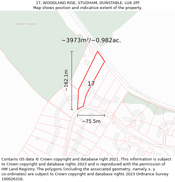 17, WOODLAND RISE, STUDHAM, DUNSTABLE, LU6 2PF: Plot and title map