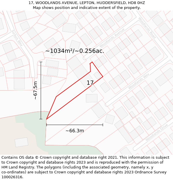 17, WOODLANDS AVENUE, LEPTON, HUDDERSFIELD, HD8 0HZ: Plot and title map