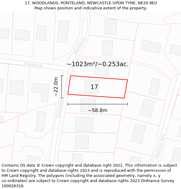 17, WOODLANDS, PONTELAND, NEWCASTLE UPON TYNE, NE20 9EU: Plot and title map