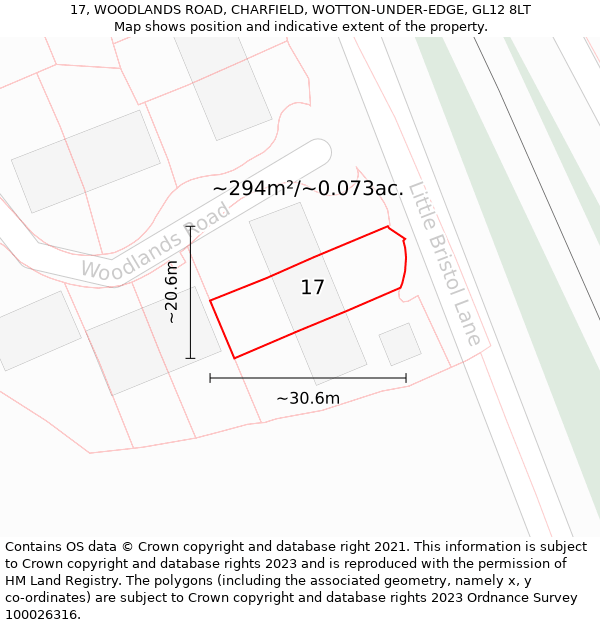 17, WOODLANDS ROAD, CHARFIELD, WOTTON-UNDER-EDGE, GL12 8LT: Plot and title map