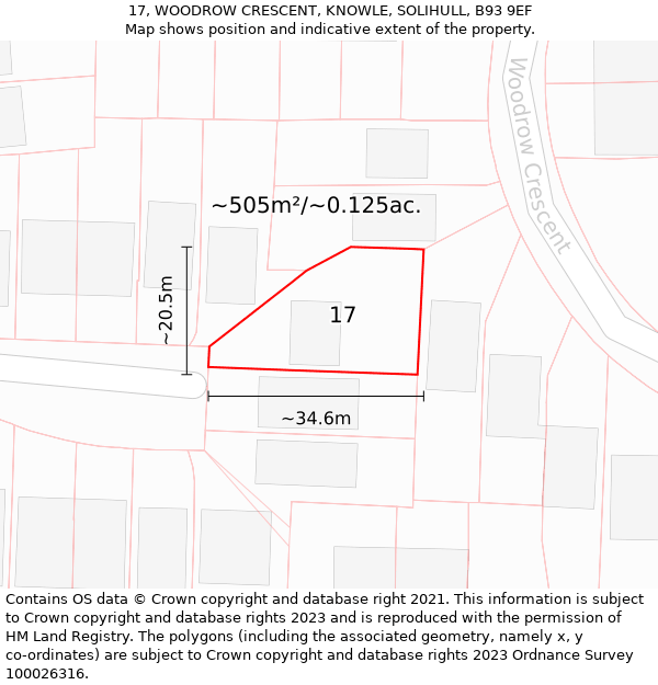 17, WOODROW CRESCENT, KNOWLE, SOLIHULL, B93 9EF: Plot and title map