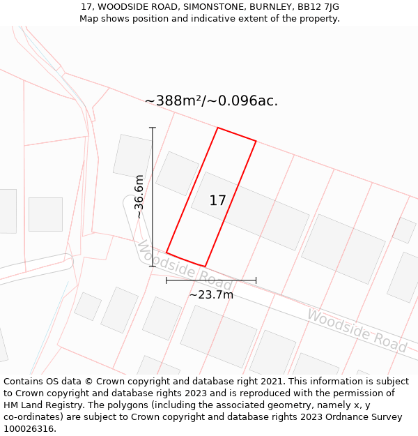 17, WOODSIDE ROAD, SIMONSTONE, BURNLEY, BB12 7JG: Plot and title map