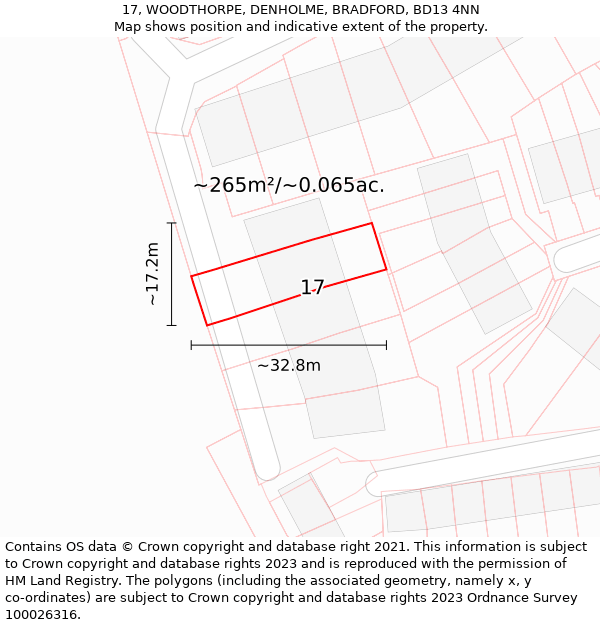 17, WOODTHORPE, DENHOLME, BRADFORD, BD13 4NN: Plot and title map