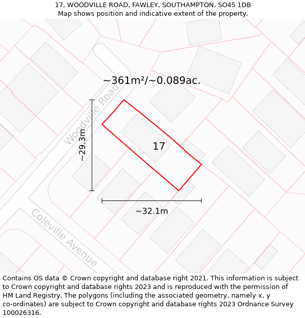 17, WOODVILLE ROAD, FAWLEY, SOUTHAMPTON, SO45 1DB: Plot and title map