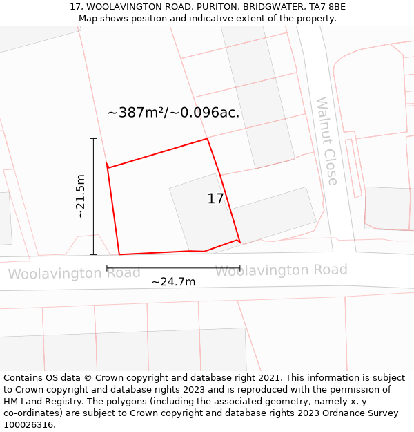 17, WOOLAVINGTON ROAD, PURITON, BRIDGWATER, TA7 8BE: Plot and title map