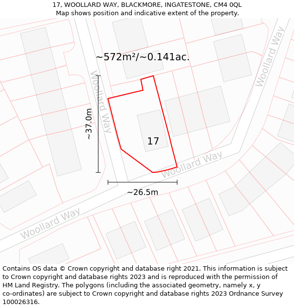 17, WOOLLARD WAY, BLACKMORE, INGATESTONE, CM4 0QL: Plot and title map