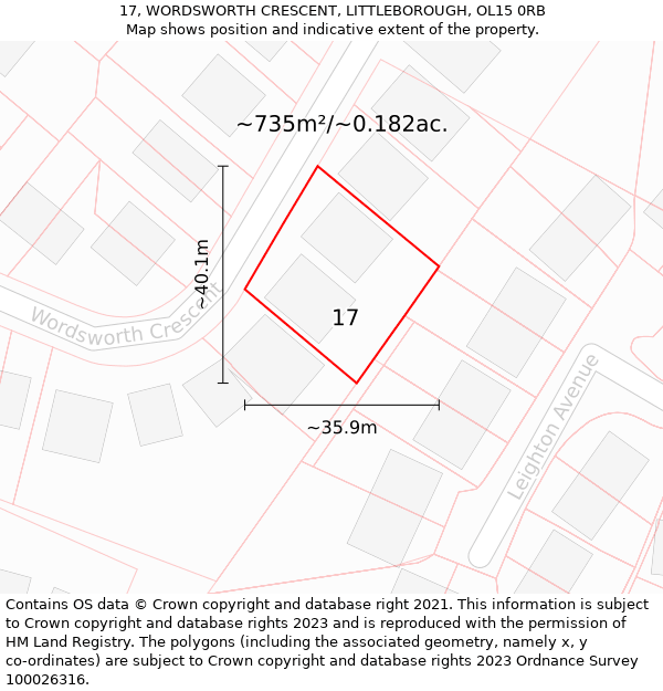 17, WORDSWORTH CRESCENT, LITTLEBOROUGH, OL15 0RB: Plot and title map