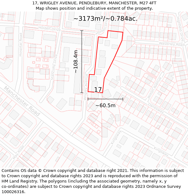 17, WRIGLEY AVENUE, PENDLEBURY, MANCHESTER, M27 4FT: Plot and title map