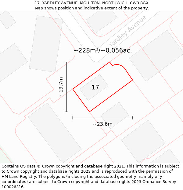 17, YARDLEY AVENUE, MOULTON, NORTHWICH, CW9 8GX: Plot and title map