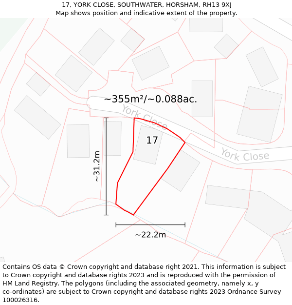 17, YORK CLOSE, SOUTHWATER, HORSHAM, RH13 9XJ: Plot and title map