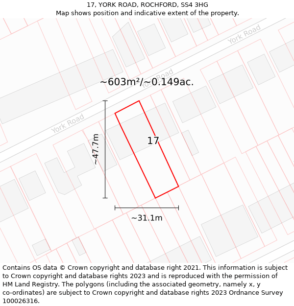 17, YORK ROAD, ROCHFORD, SS4 3HG: Plot and title map