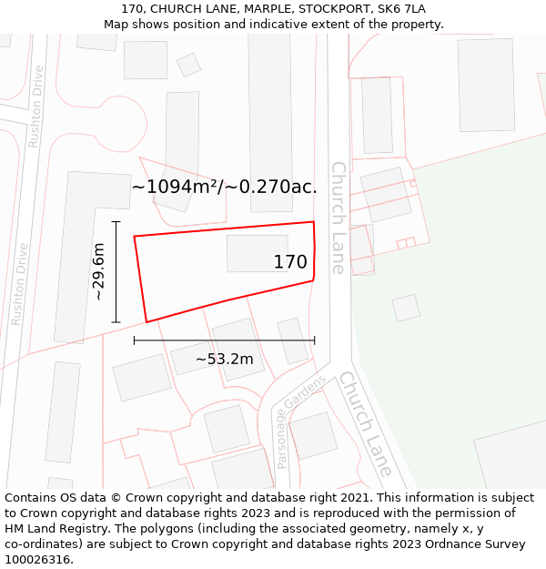 170, CHURCH LANE, MARPLE, STOCKPORT, SK6 7LA: Plot and title map