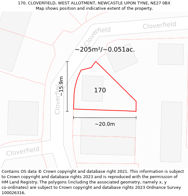 170, CLOVERFIELD, WEST ALLOTMENT, NEWCASTLE UPON TYNE, NE27 0BX: Plot and title map