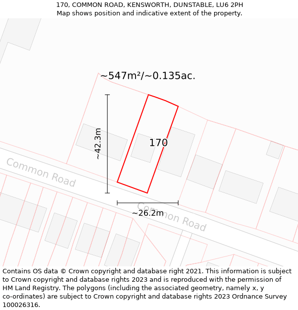 170, COMMON ROAD, KENSWORTH, DUNSTABLE, LU6 2PH: Plot and title map