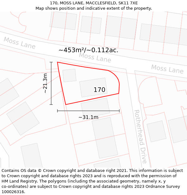 170, MOSS LANE, MACCLESFIELD, SK11 7XE: Plot and title map