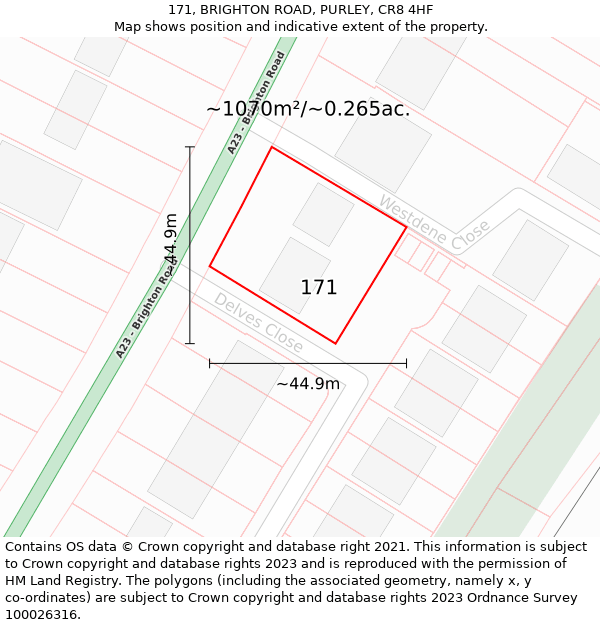 171, BRIGHTON ROAD, PURLEY, CR8 4HF: Plot and title map