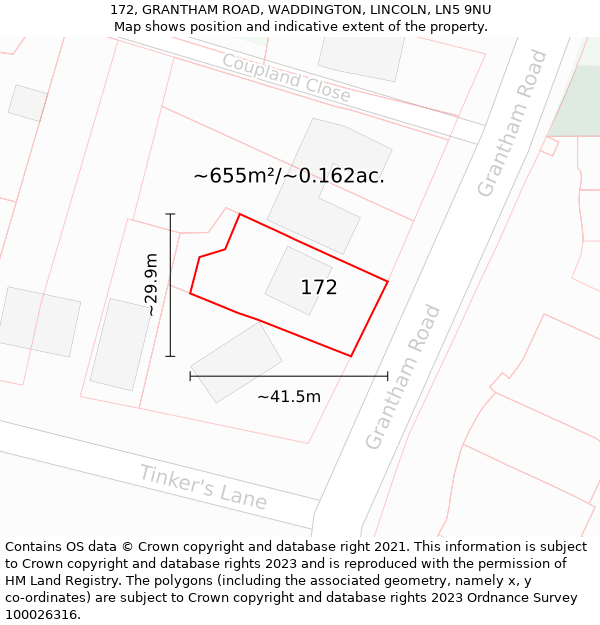 172, GRANTHAM ROAD, WADDINGTON, LINCOLN, LN5 9NU: Plot and title map