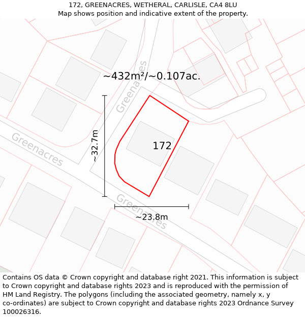 172, GREENACRES, WETHERAL, CARLISLE, CA4 8LU: Plot and title map