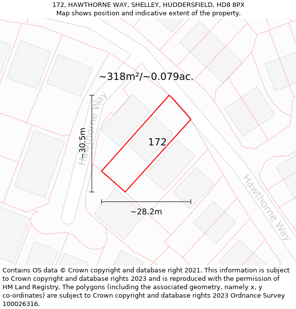 172, HAWTHORNE WAY, SHELLEY, HUDDERSFIELD, HD8 8PX: Plot and title map