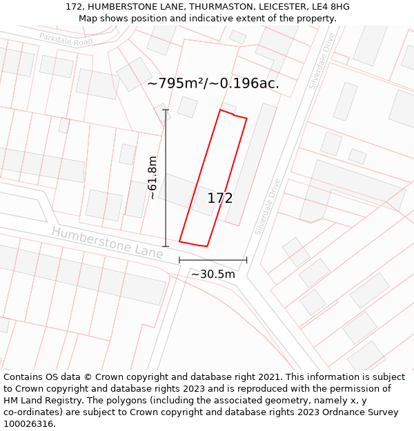 172, HUMBERSTONE LANE, THURMASTON, LEICESTER, LE4 8HG: Plot and title map