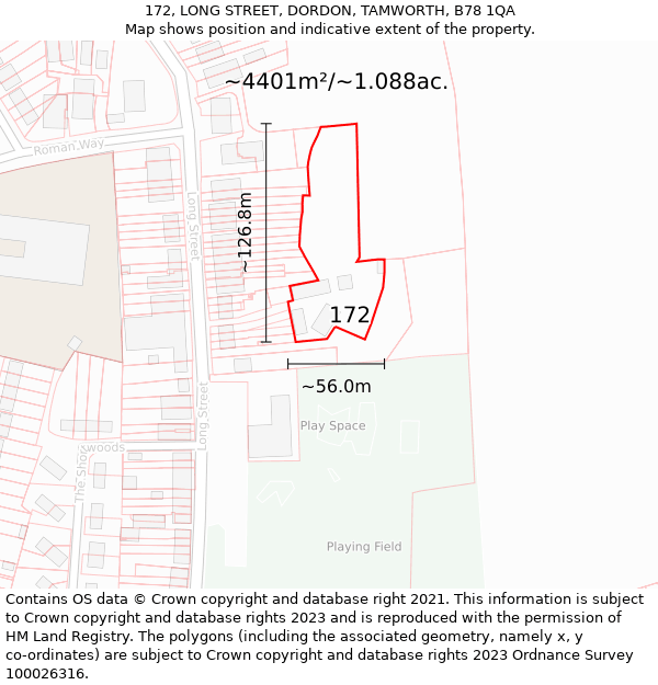 172, LONG STREET, DORDON, TAMWORTH, B78 1QA: Plot and title map