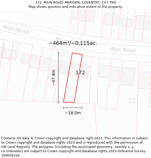 172, MAIN ROAD, MERIDEN, COVENTRY, CV7 7NG: Plot and title map