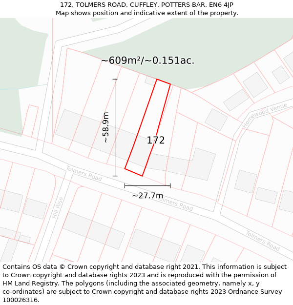 172, TOLMERS ROAD, CUFFLEY, POTTERS BAR, EN6 4JP: Plot and title map