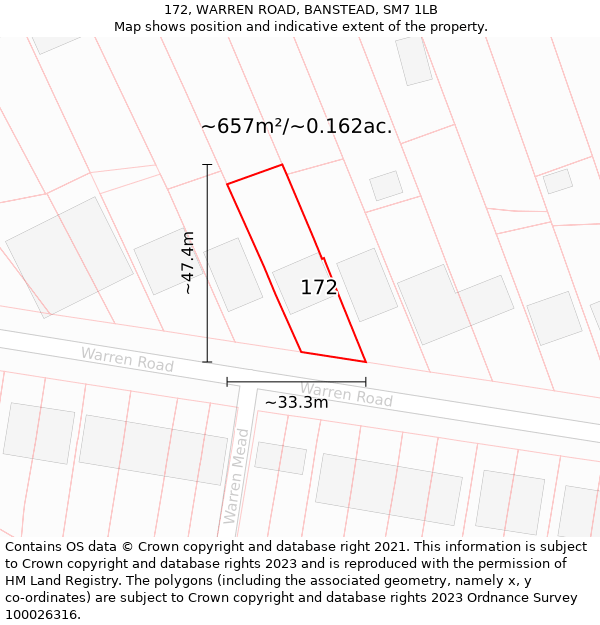 172, WARREN ROAD, BANSTEAD, SM7 1LB: Plot and title map