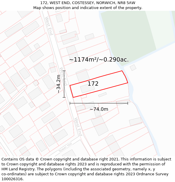 172, WEST END, COSTESSEY, NORWICH, NR8 5AW: Plot and title map