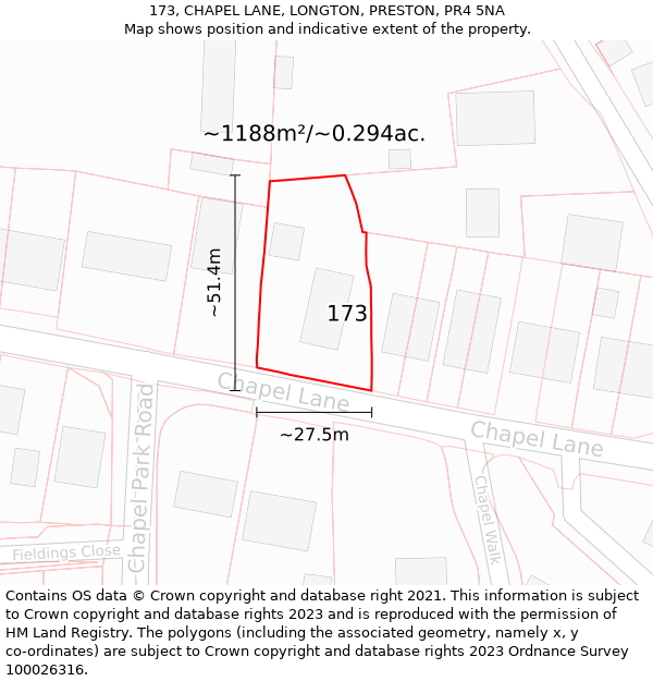 173, CHAPEL LANE, LONGTON, PRESTON, PR4 5NA: Plot and title map