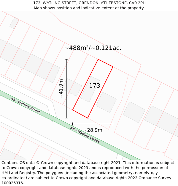 173, WATLING STREET, GRENDON, ATHERSTONE, CV9 2PH: Plot and title map