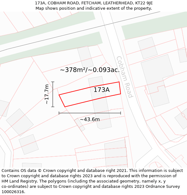 173A, COBHAM ROAD, FETCHAM, LEATHERHEAD, KT22 9JE: Plot and title map