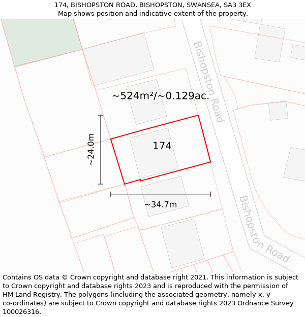 174, BISHOPSTON ROAD, BISHOPSTON, SWANSEA, SA3 3EX: Plot and title map