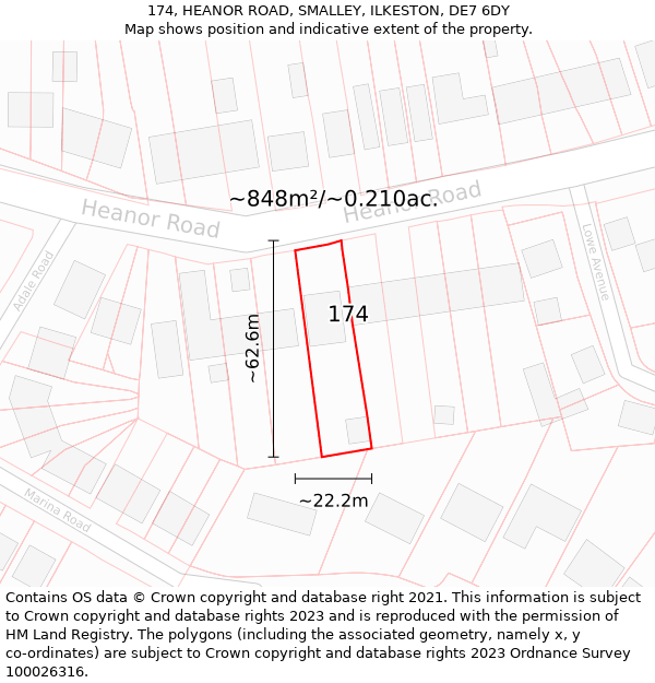 174, HEANOR ROAD, SMALLEY, ILKESTON, DE7 6DY: Plot and title map